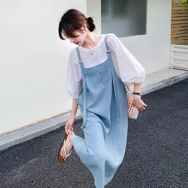 蓝色休闲减龄背带裙套装女夏2025新款法式泡泡袖上衣A字裙两件套