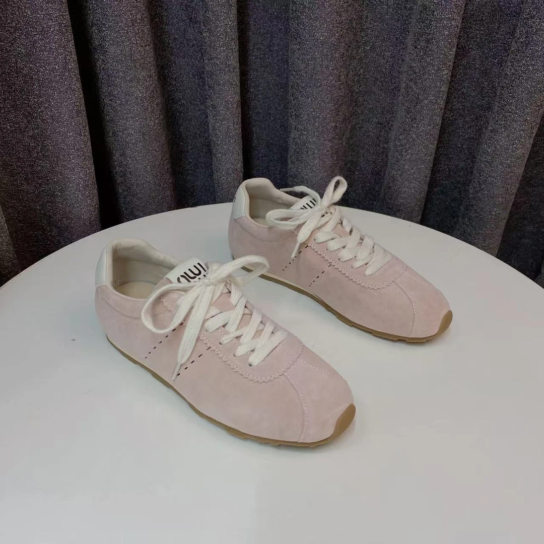 C5502    浅粉色 时尚百搭厚底圆头阿甘鞋系带女休闲德训鞋