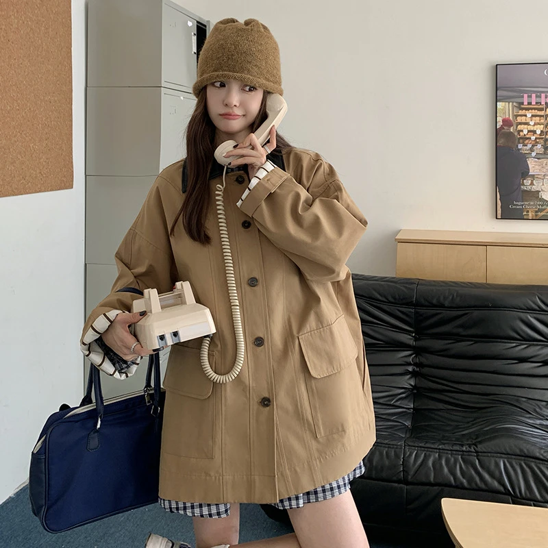 复古斜纹灯芯绒翻领拼色短款风衣小个子中长款秋冬外套时尚百搭