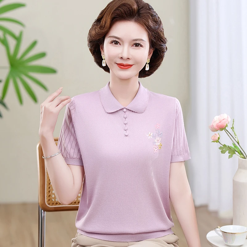 母亲节妈妈夏装冰丝短袖50岁60中老年女夏季新款针织t恤翻领衣服