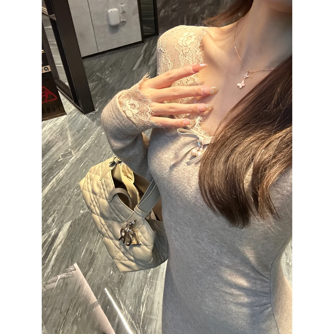 【OYANXI！清清！】气质V领蕾丝拼接连衣裙女收腰裙子221L1404