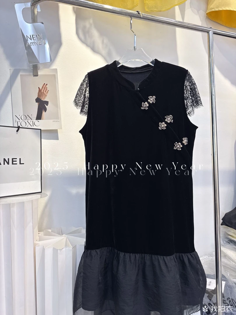 拼接钉珠常规夏季成人大码连衣裙短裙中腰绗缝工艺