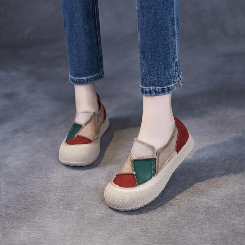 板鞋女休闲女士鞋子真皮复古厚底一脚蹬2025春季新款拼接乞丐鞋潮