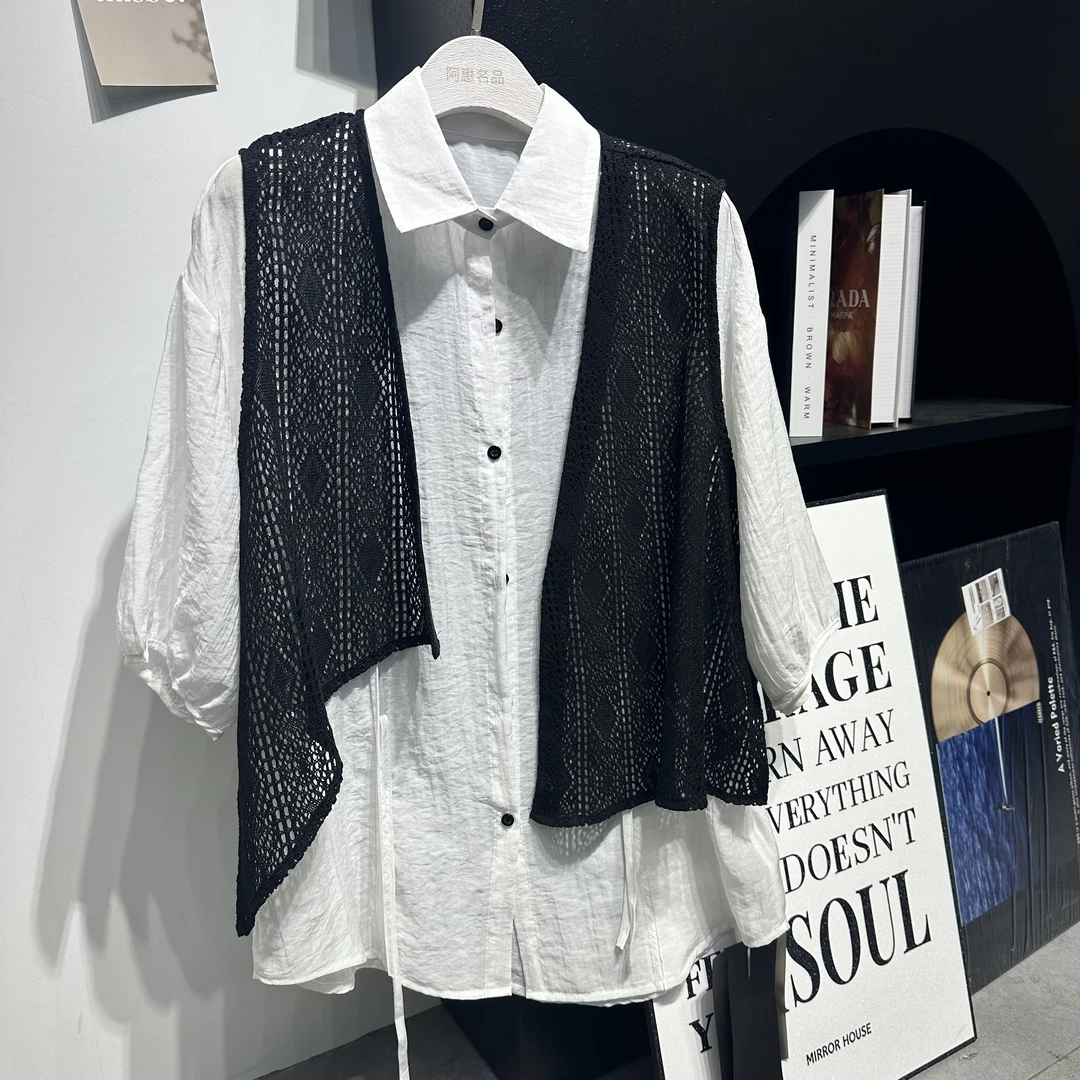 075#韩系V领蕾丝马甲短袖衬衫真两件套新款宽松慵懒风上衣衬衣