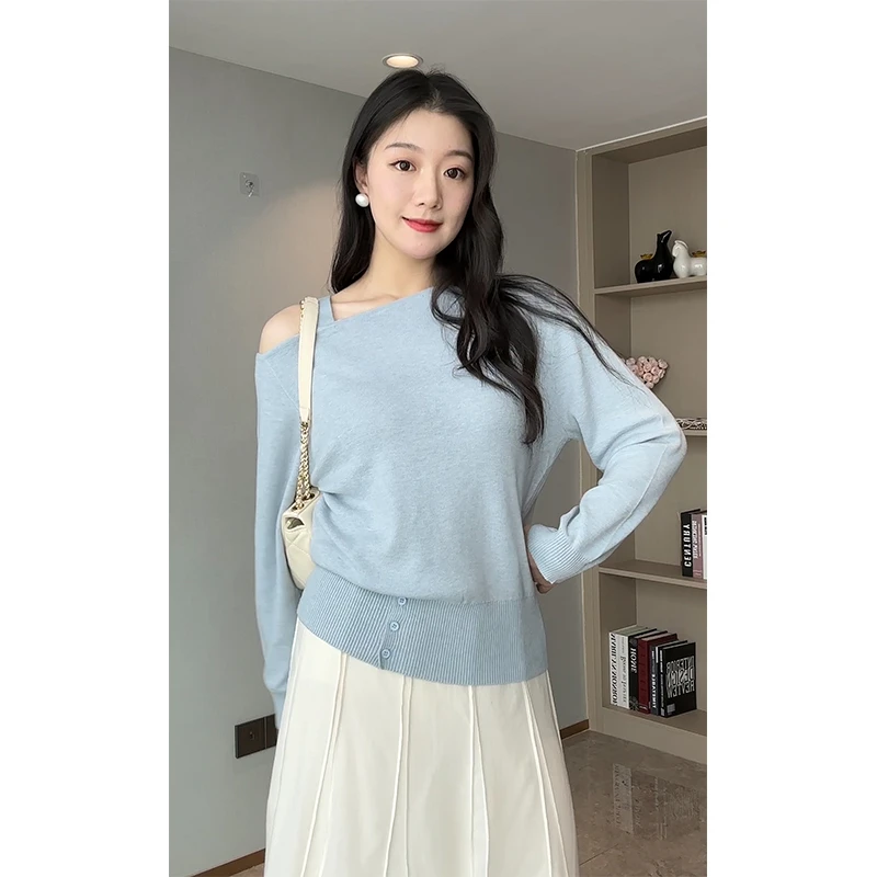 温柔风毛针织衫女秋胖mm气质韩系宽松显瘦设计感露肩长袖打底上衣