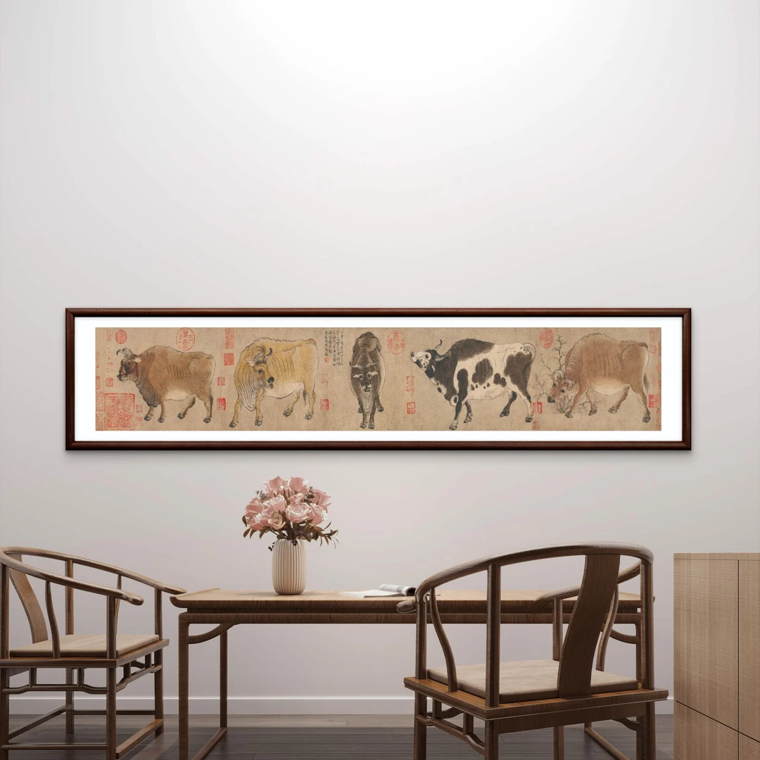 9950-40*180五牛图中式装饰画实木框玄关书房茶室客厅挂画