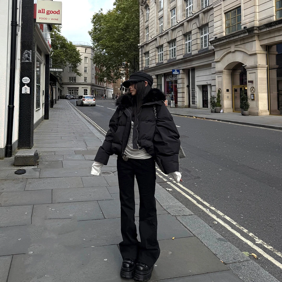 WARDEN EDGE零感风暴 黑色毛领鹅绒服女冬加厚保暖短款羽绒服外套