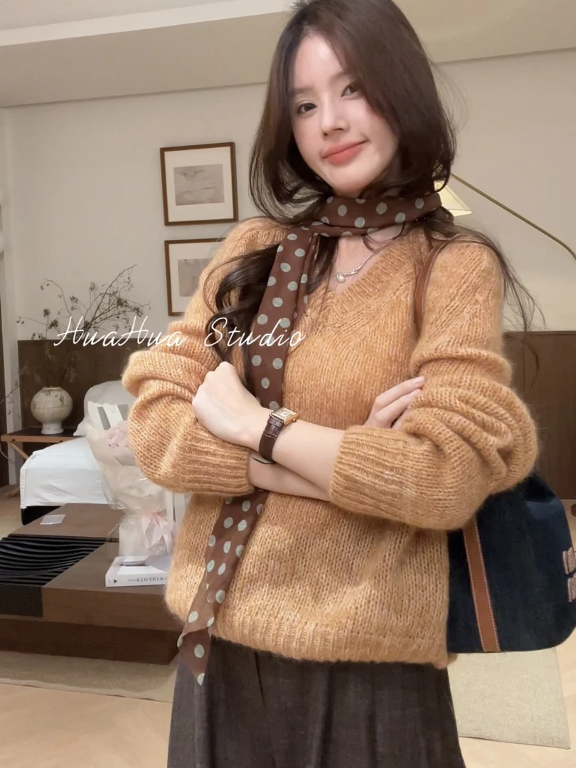 【花花】松糕毛衣~超细美利奴羊毛V领宽松慵懒风舒适针织毛衣