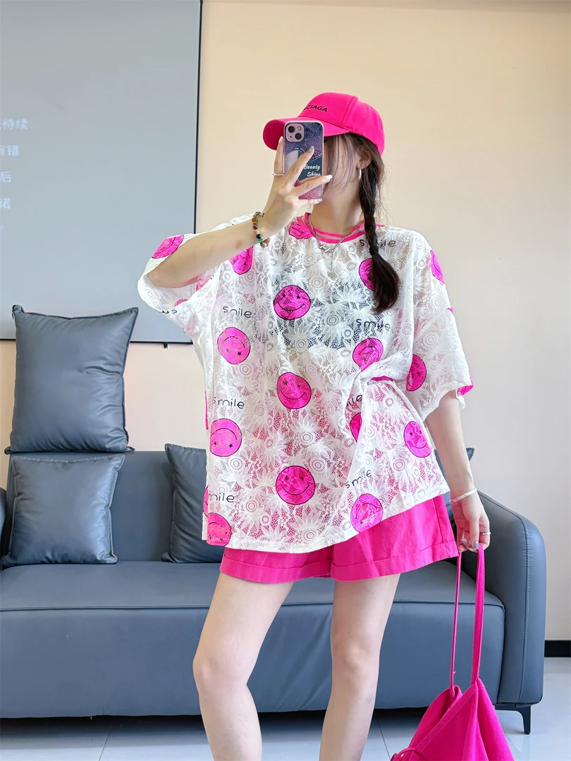 夏季微透笑脸百搭气质T恤女设计感原创复古蕾丝中长款短袖潮牌T