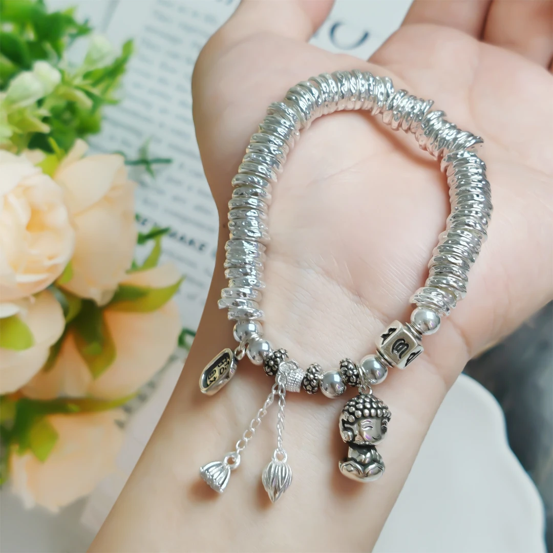 足银手链 999.9字银宝宝佛盘缠手链 六字真言莲花佛实心