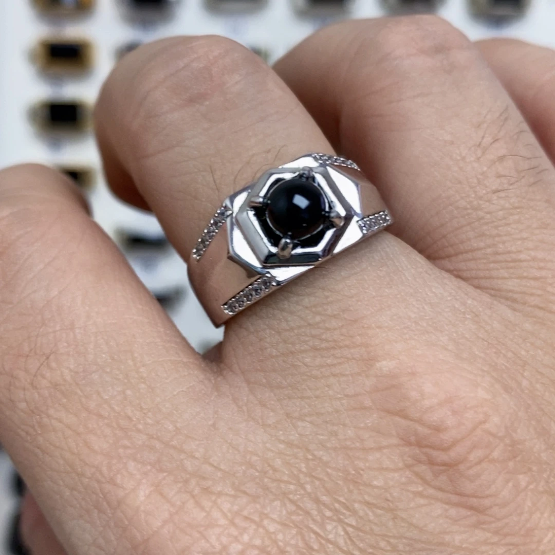 翡翠银S925镶嵌戒指墨翠戒指