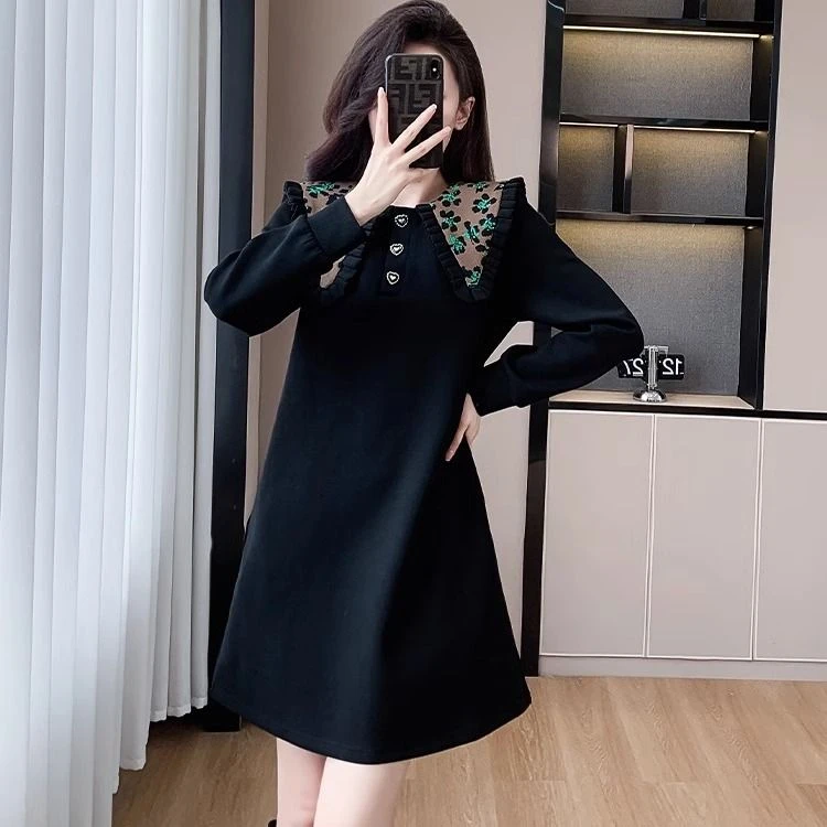 时尚海军领连衣裙女春秋季新款加绒加厚裙子宽松显瘦遮肚子卫衣裙