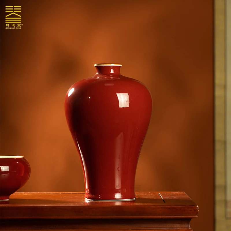 耕道堂霁红釉陶瓷优品-雍正梅瓶家居客厅玄关电视墙博古架摆件