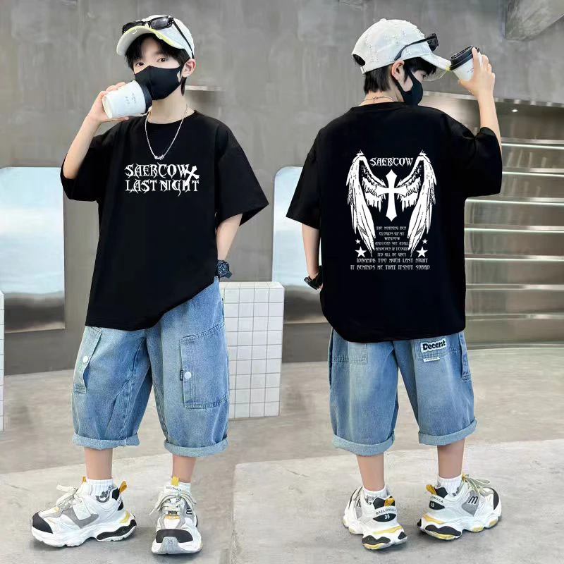 中大童街头ins风hiphop十字架男童短袖t恤夏装新款酷帅气纯棉上衣