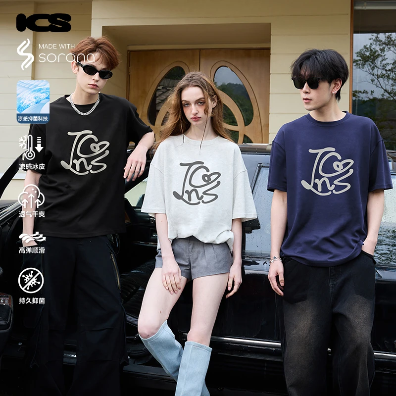 ics丨iconslab植绒字母索罗娜凉感短袖T恤潮牌美式男女黑色上衣夏