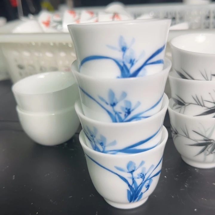 煙***居四个微瑕冰种蓝花品茗杯17号