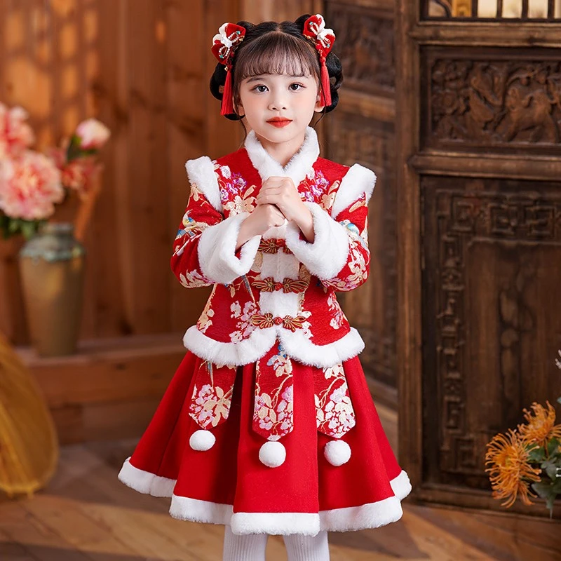 女童唐装汉服儿童套装冬季过年衣服拜年服女孩冬款裙子女宝新年冬