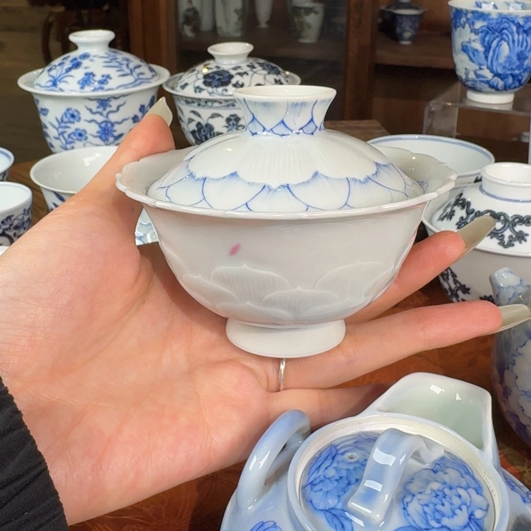 青樵轩雕刻花开灿烂盖碗
