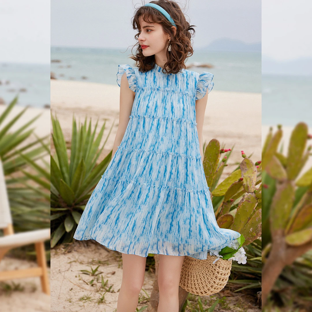 【商场同款新品】白鹿语夏新款木耳边立领小飞袖印花连衣裙ZYU20062