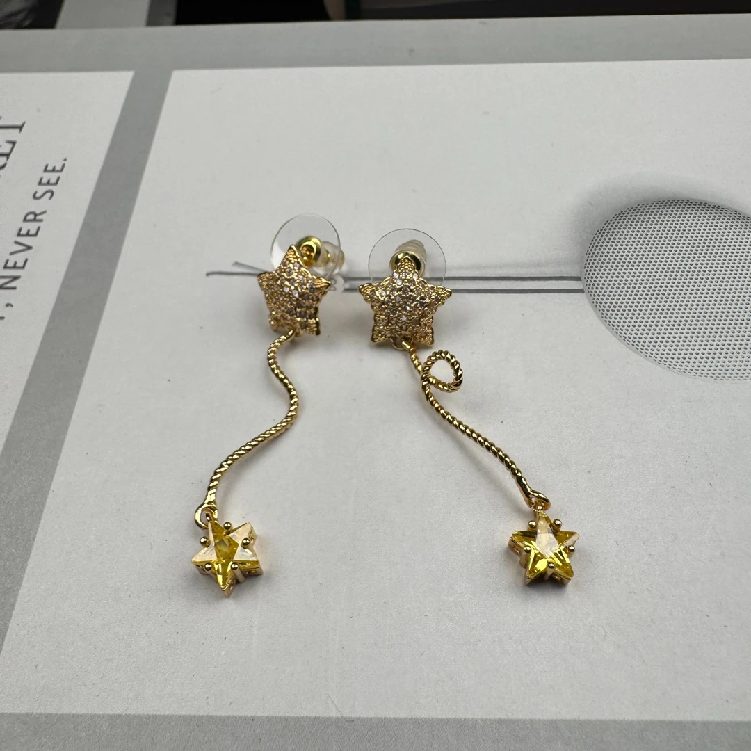 铜合金合成锆石耳饰 白色时尚长款金色带钻镶嵌镶钻耳钉ed2664