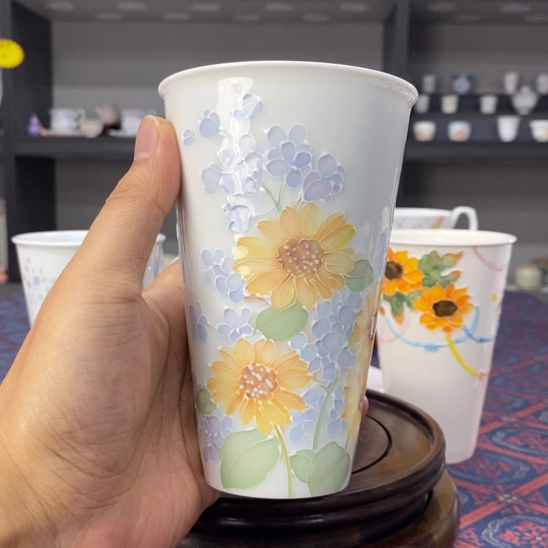 向日葵品茗杯手绘釉下高温