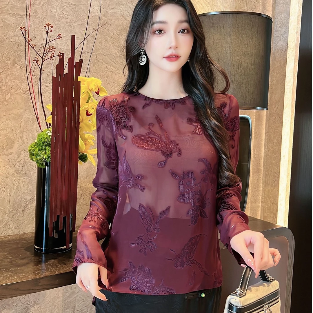 高定捡漏 真丝剪花微透提花衬衫女秋季气质圆领上衣