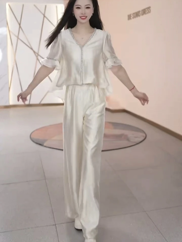 休闲风时尚套装裤子阔腿裤套装显瘦女装气质轻奢短袖运动洋气减龄