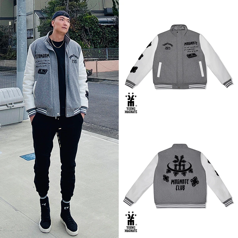 YOUNG MAGNATE【宝石】立领羊毛呢皮袖棒球棉服