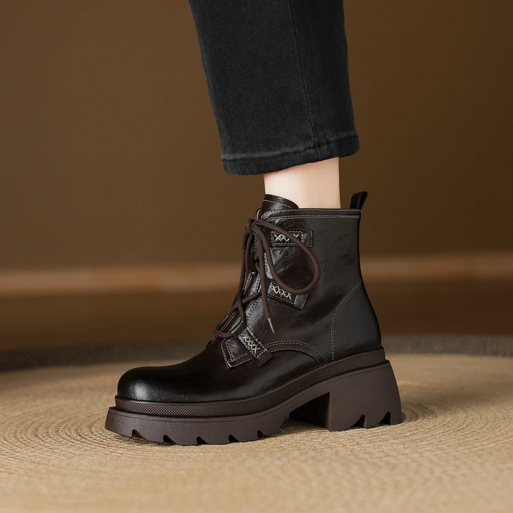 5.5cm 韩版百搭舒适厚底系带马丁靴秋冬通勤休闲简约时尚圆头短靴