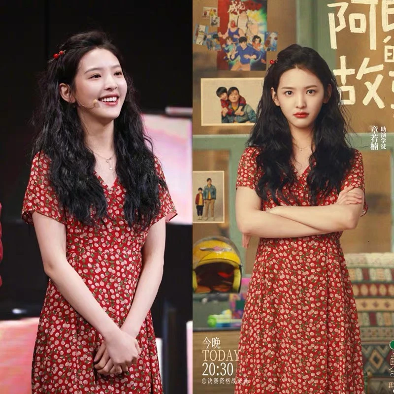 张若楠明星同款樱桃印花系带高腰V领雪纺复古一片式长裙连衣裙夏