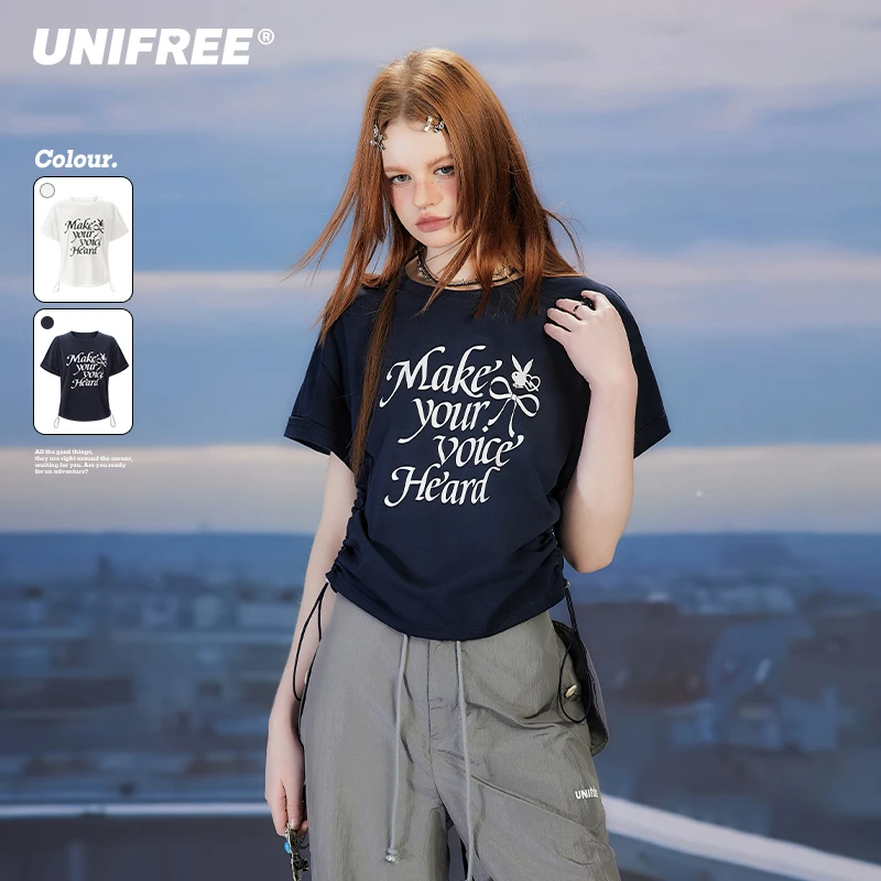 UNIFREE字母印花短袖T恤女夏季时尚小个子抽绳收腰上衣