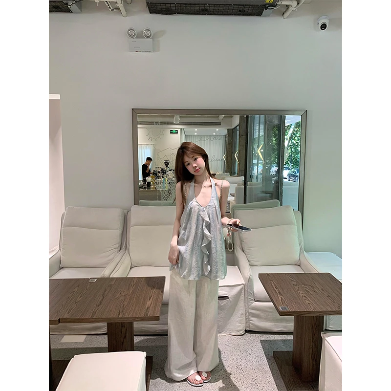 吊带设计感小众雾霾蓝荷叶边背心挂脖露背辣妹上衣直筒宽松阔腿裤