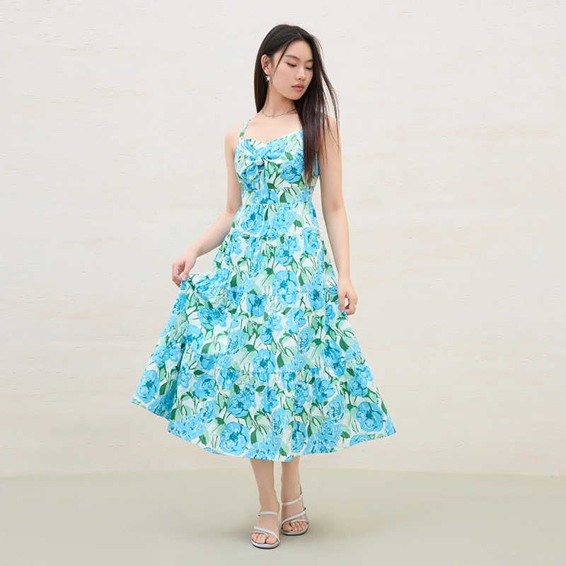 大码女装「假日蓝玫瑰」 法式度假风连衣裙A字裙25DS82217