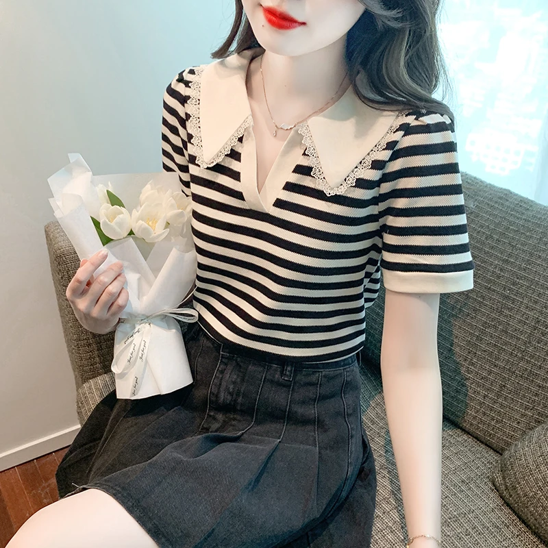 甜美减龄蕾丝边Polo领短袖T恤女装2025夏季新款小众气质条纹上衣