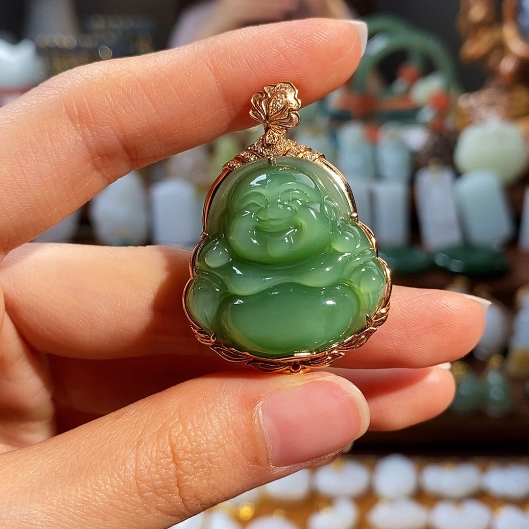 和田玉（碧玉）18K金镶嵌吊坠(不含链)