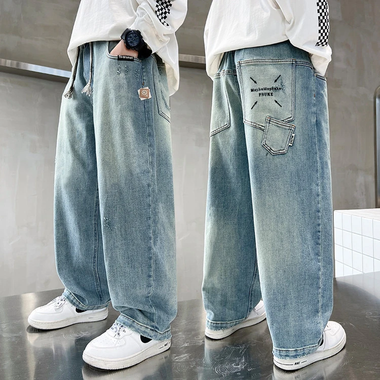 童装男童牛仔裤2025春秋破洞牛仔直筒裤百搭休闲中大童外穿阔腿裤