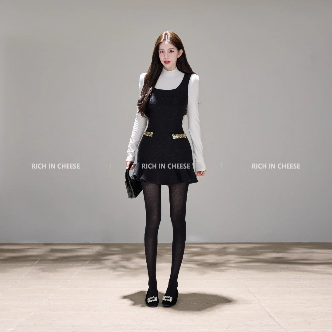 舒胡蕾 名伶千金 秋冬千金亮丝小香风珠片设计感无袖背心连衣裙