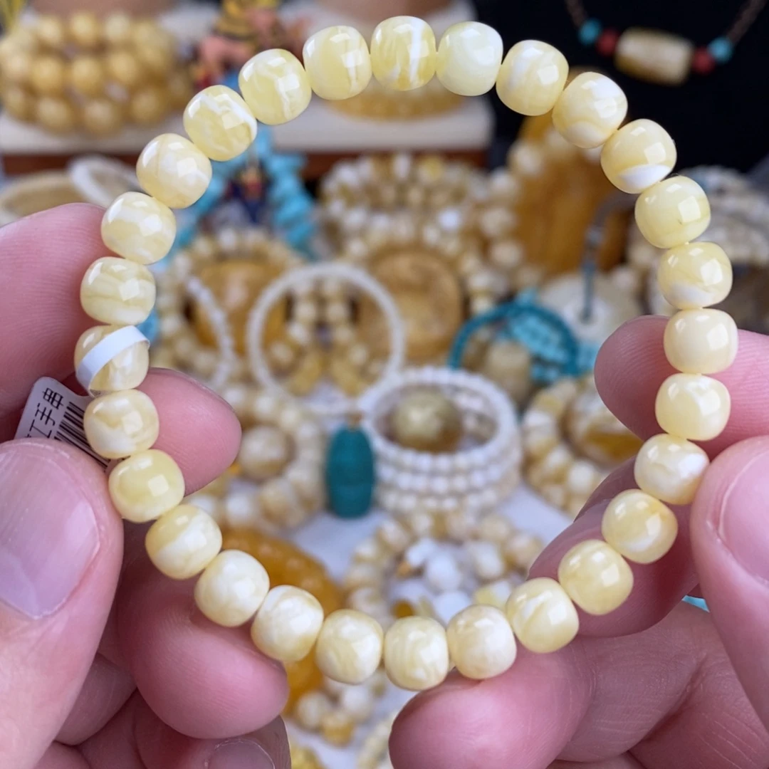 蜜蜡未镶嵌手链瓷白细纹虎皮7.6mm高桩