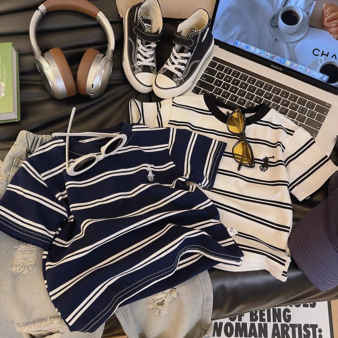 男女童高品质面料儿童夏季刺绣短袖T棉质洋气女童条纹上衣