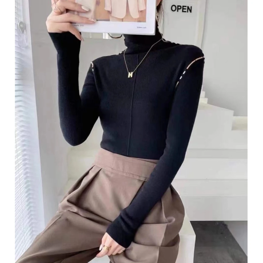 秋冬新款气质显瘦高级感立体格子包边高领百搭修身针织打底