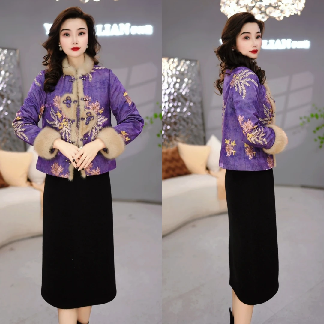 外套+连衣裙 2025冬季时尚女士中式复古紫色气质加厚套装裙M-4XL
