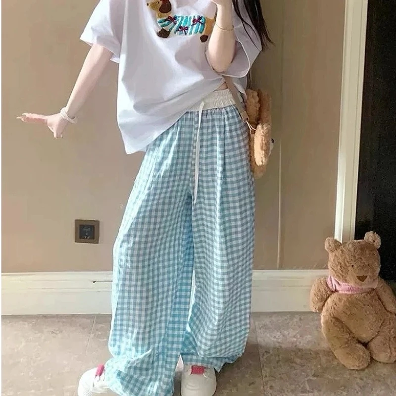 【春季六色】格子裤女新款高腰宽松休闲山本裤直简复古阔腿裤薄001
