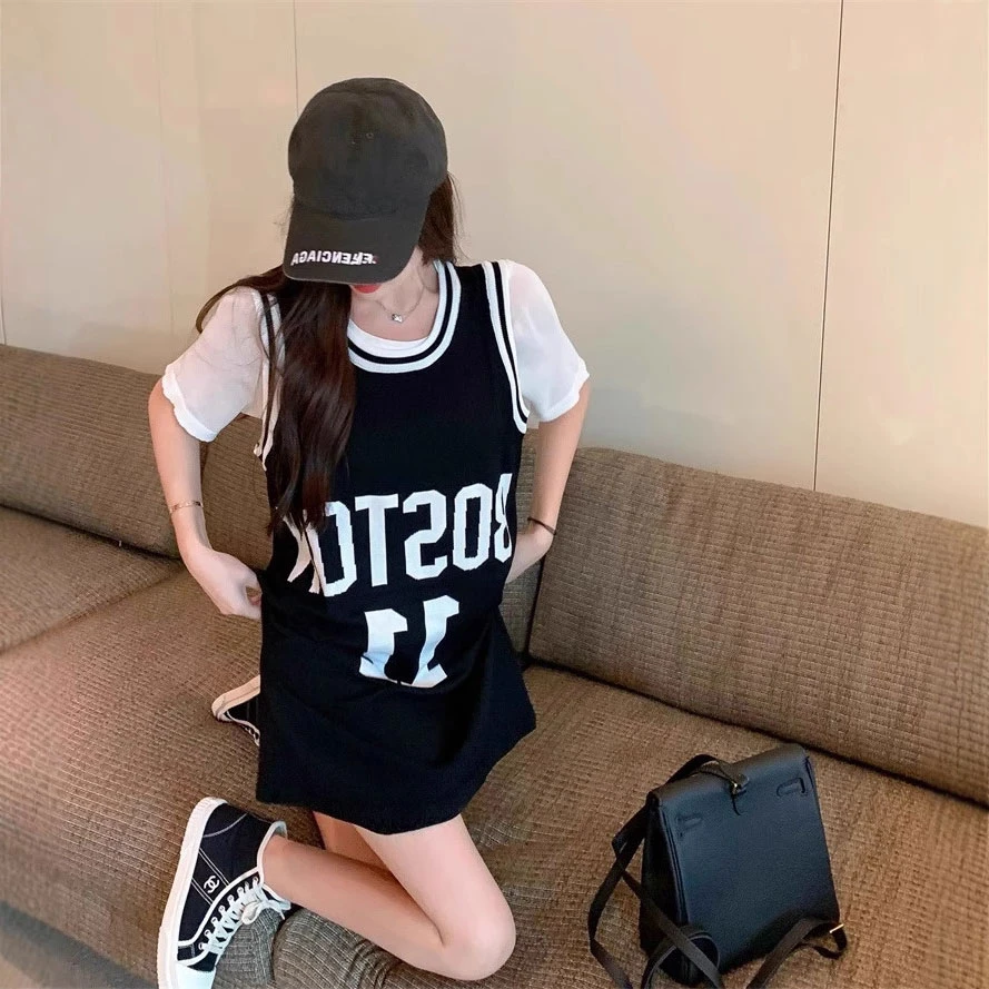 黑色假两件短袖t恤女2025夏季美式休闲宽松百搭学院风中长款上衣