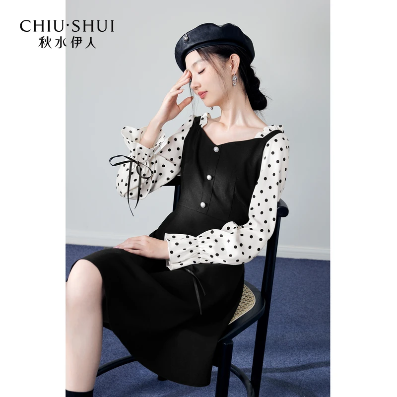 【小铃铛】秋水伊人假两件长袖连衣裙秋季收腰中长裙623307C020398