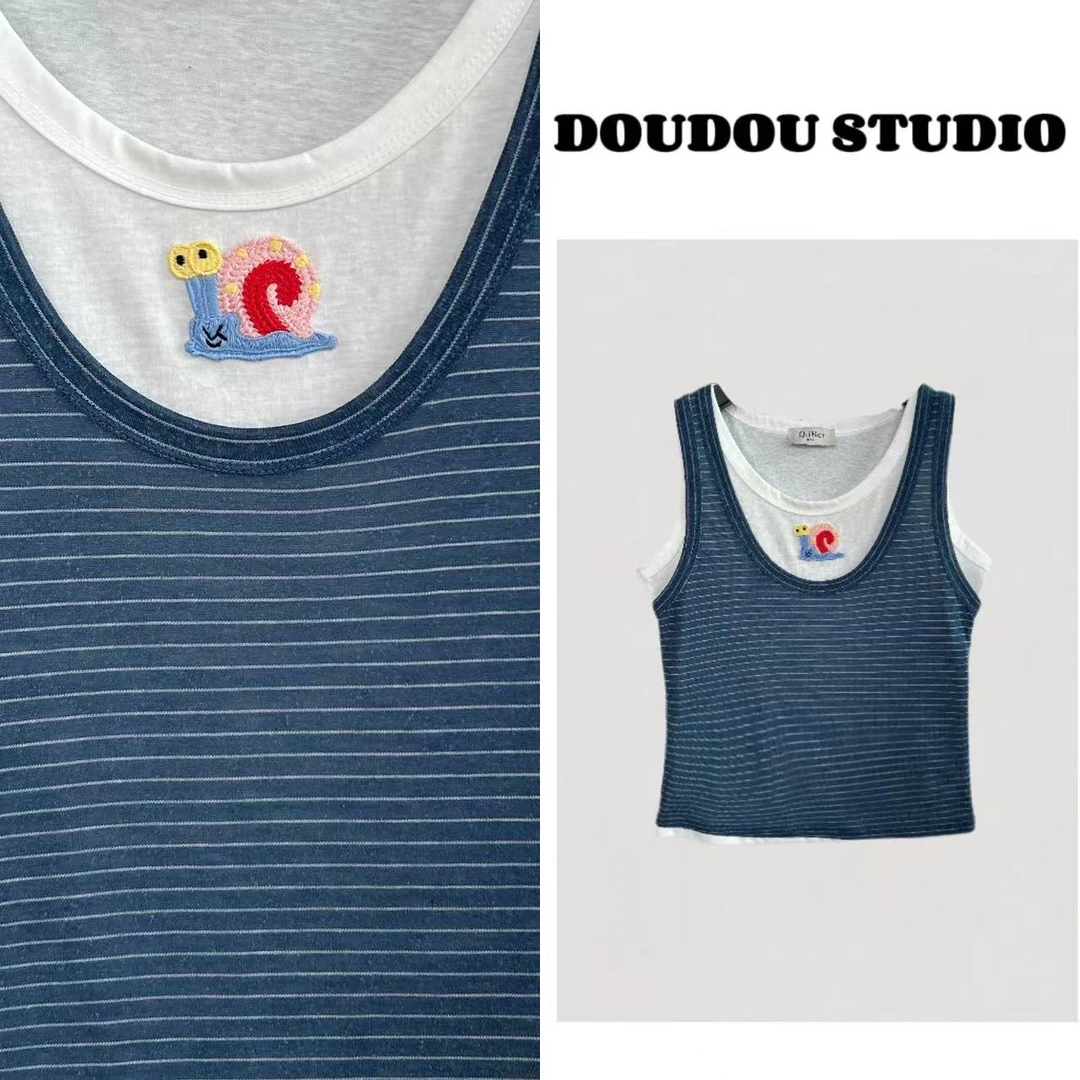 【兜兜】蜗牛系列 夏季冰感刺绣条纹背心拼接真两件缝一起 210562