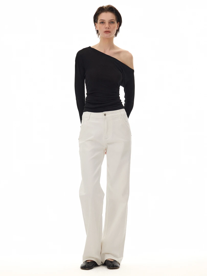 ANNTEET*白色宽松阔腿休闲直筒弹力洗水牛仔裤