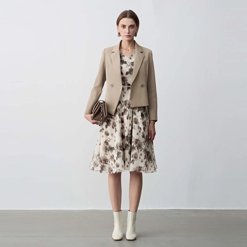 S·DEER圣迪奥女装时尚气质晕染印花西装外套连衣裙套装S24181404
