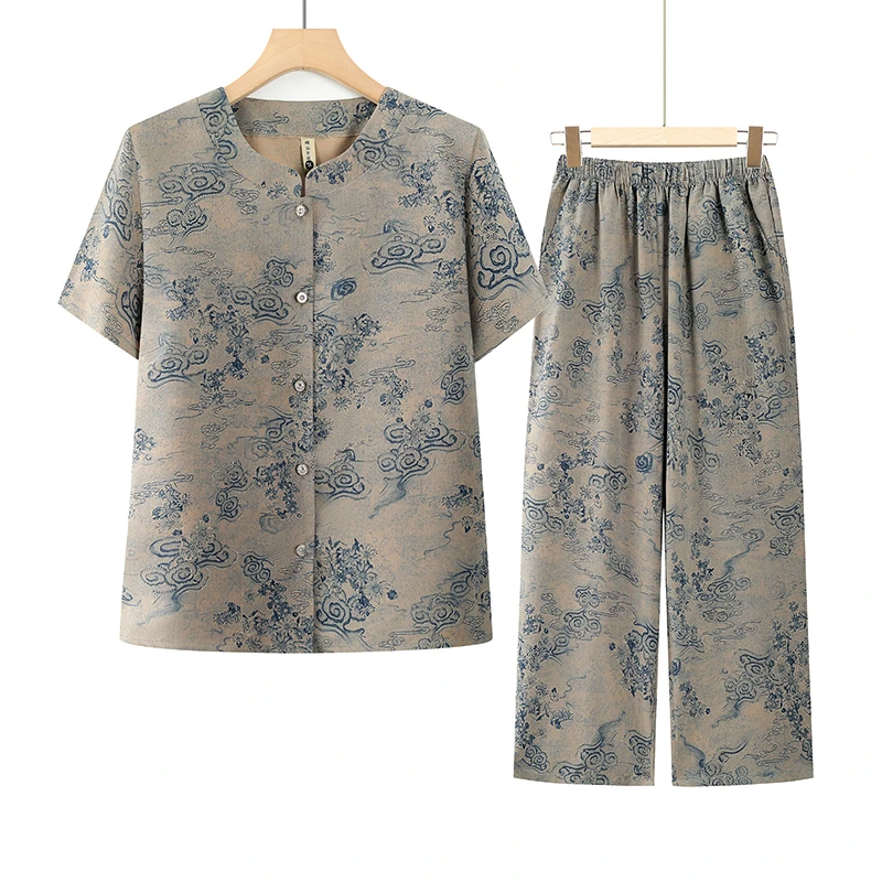 夏季洋气女装两件套时尚妈妈凉快老人衣服套装气质奶奶上衣新中式