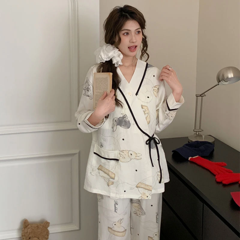 M【云朵皱皱棉-春夏薄款】卡通月子服产后产妇孕妇哺乳睡衣产妇