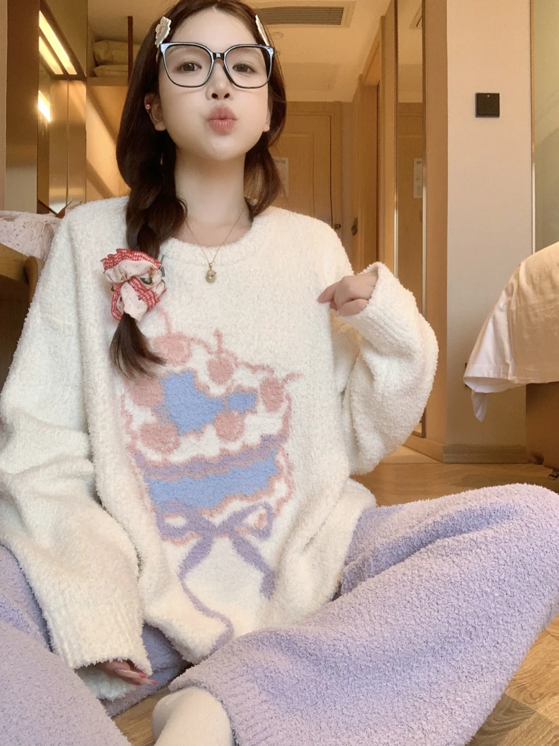 甜美小蛋糕半边绒冬天睡衣女款加厚保暖家居服2025新款秋冬季外穿